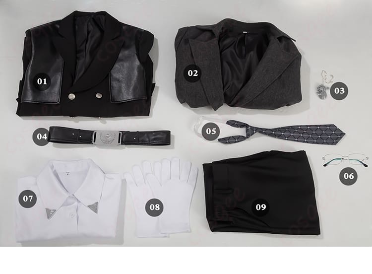 眼鏡やアクセサリーの細部が見える画像。レイのスタイルにぴったりのアイテムです。