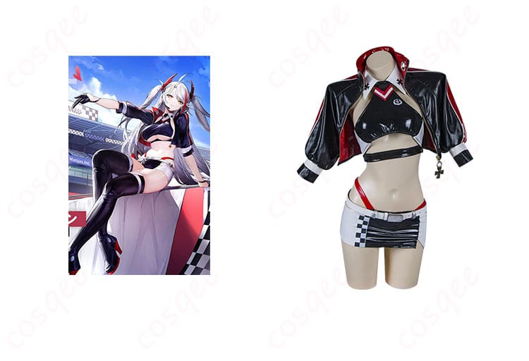 アズールレーン プリンツ・オイゲン コスプレ衣装 正面とキャラクターのコラボ画像 – 高品質再現、ファイナル・ラップ衣装の魅力を引き立てる