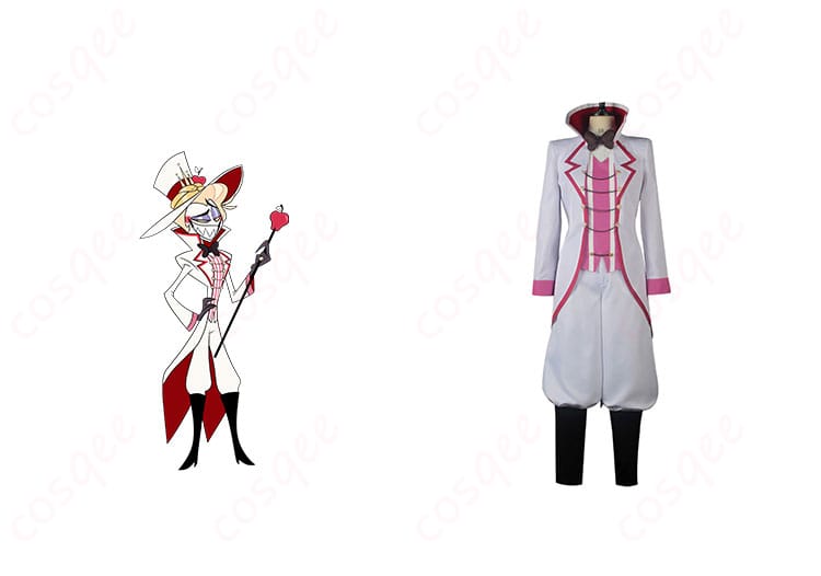 ハズビン・ホテル ルシファー コスプレ衣装とキャラクターの正面画像。リアルなディテールが特徴。