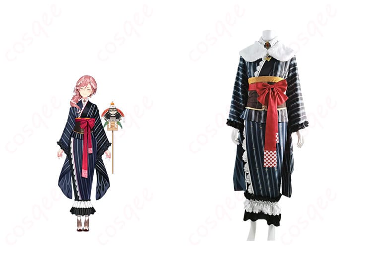 商品正面と鷹嶺ルイキャラクターが一緒に写っているコスプレ衣装の写真。ホロライブのキャラクター、リアルなデザインをお楽しみください。