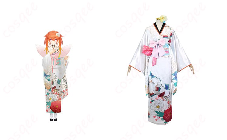 ホロライブ 小鳥遊キアラ お正月コスプレ衣装の正面とキャラクターのコラボ画像。高い再現度でファン必見の衣装です。
