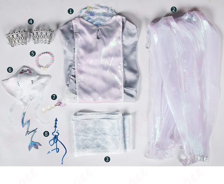 セット内容を展示した画像。コスプレ衣装の全てのセットアイテムが表示され、付属品の詳細を確認できます。