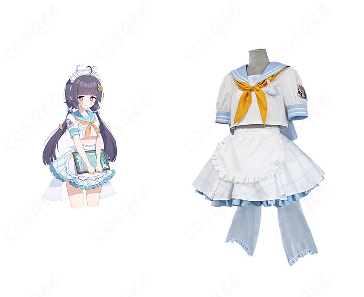 商品正面と霞沢ミユのキャラクターを合わせたコスプレ衣装の画像。ブルーアーカイブのセーラー服。コスプレ通販で購入可能。