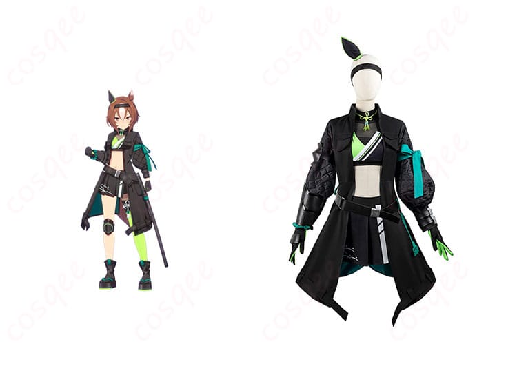 ヤエノムテキ コスプレ衣装 黒将Zen 勝負服とキャラクターが一緒に映った画像。ウマ娘ファン必見の忠実再現!