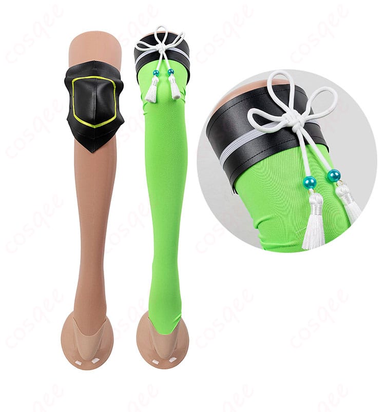 ヤエノムテキ コスプレ衣装の腿袜装飾の詳細画像。細かな装飾が特徴のファッションアイテム。