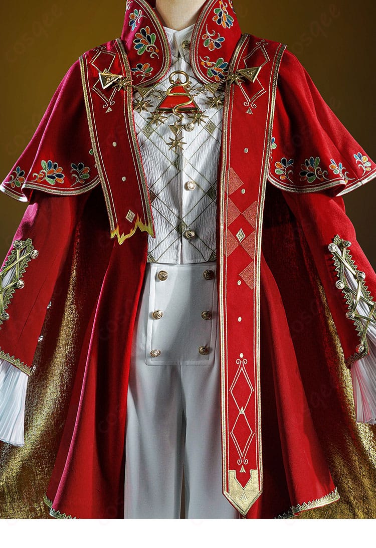 衣装の細かい装飾部分、精緻な刺繍と模様が特徴。