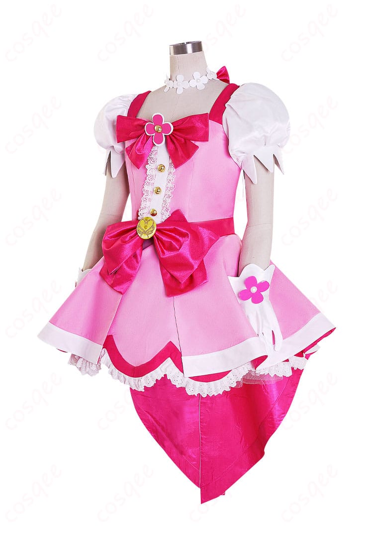 キュアフローラのコスプレ衣装の左側ビュー。キャラクターらしいディテールが施されています。