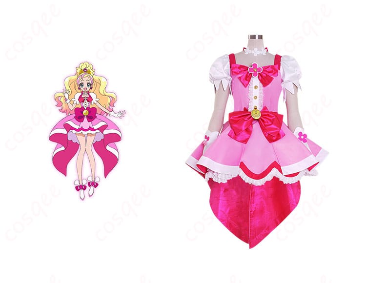 商品正面とキャラクターの組み合わせ画像 – キュアフローラのコスプレ衣装を着た春野はるかの正面画像。アニメの忠実再現で、鮮やかな色使いが特徴です。