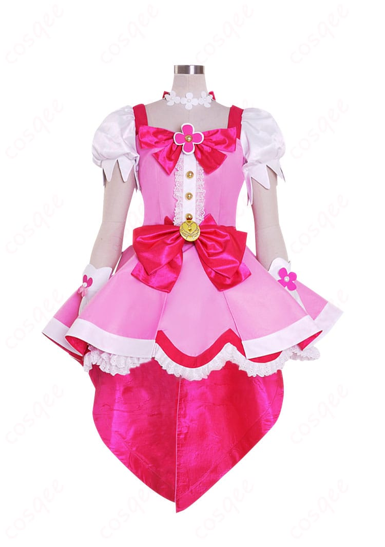 キュアフローラのコスプレ衣装の正面ビュー。美しいデザインと繊細な刺繍が魅力です。