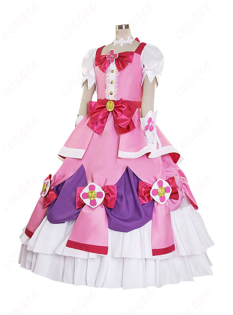 Go!プリンセスプリキュア キュアフローラ コスプレ衣装 左側からの視点。細かいディテールとデザインがしっかりと表現されています。