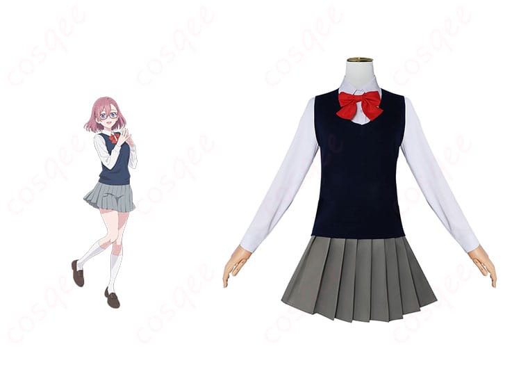 商品正面とキャラクター天乃リリサのコスプレ衣装画像。高い忠実再現で、アニメのキャラクターを完璧に再現。