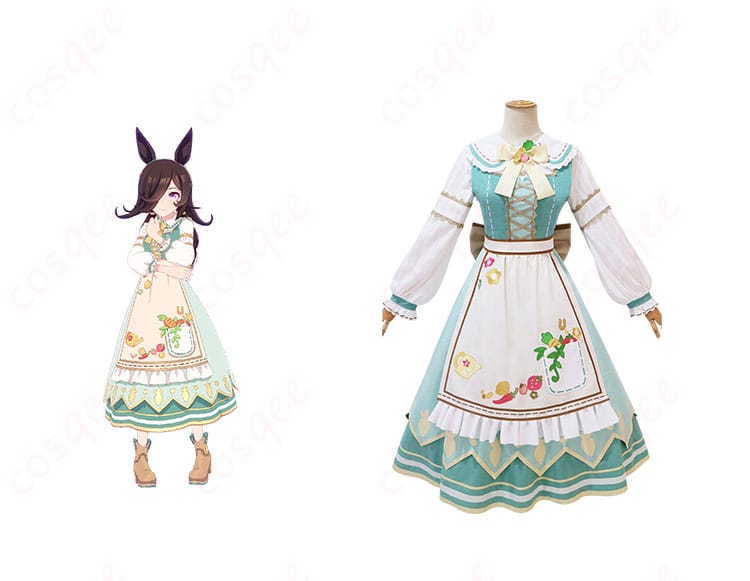 ライスシャワーキャラクターのコスプレ衣装と商品の正面組み合わせ画像 - 高品質な忠実再現コスプレ衣装。