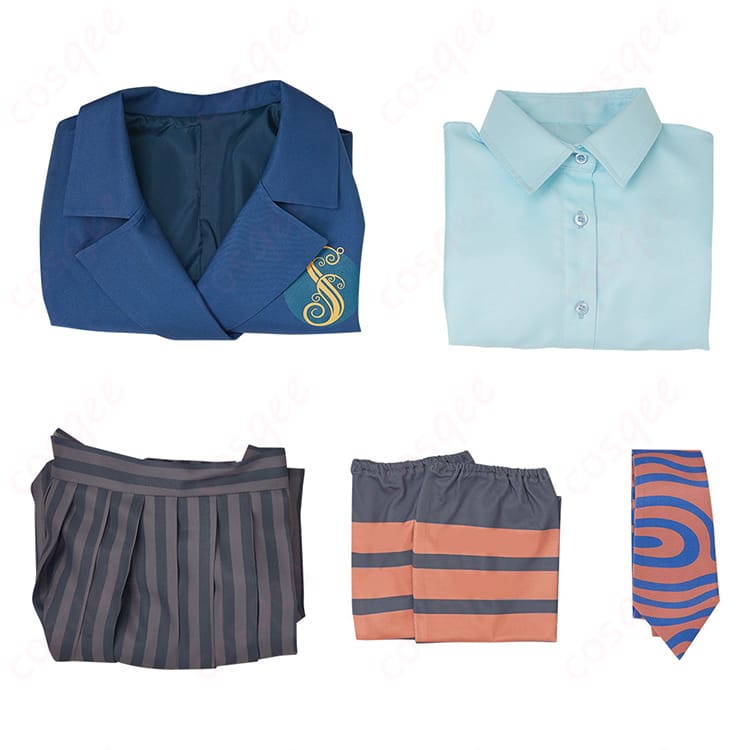 ウィキッド シズ大学制服コスプレ衣装のセット内容を示した画像。全てのアイテムを確認できます。