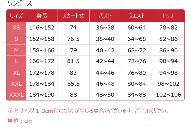エリザベス・ローズ・ブラッドフレイム コスプレ衣装のサイズガイド画像。サイズに関する詳細情報が記載されています.