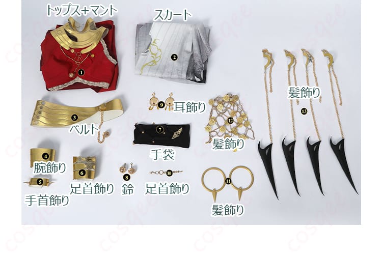 セット内容画像。コスプレ衣装に含まれるアイテムをすべて紹介。
