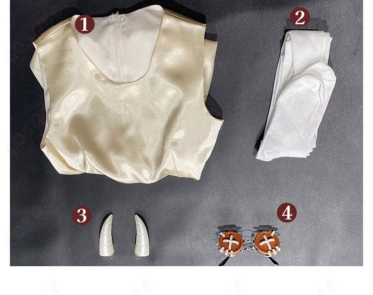 IdentityV 第五人格 少女 記憶 パンドラ コスプレ衣装 セット内容の写真。ワンピース、頭飾り、メガネ、靴下など、全てが含まれています。