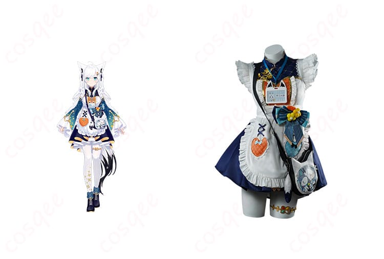 ホロライブ 白上フブキ コスプレ衣装の正面とキャラクターの組み合わせ画像。レトロ喫茶衣装を着た白上フブキの魅力的な姿。