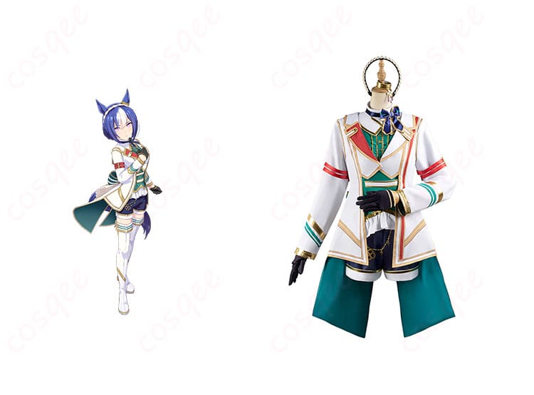 商品正面とキャラクターシーザリオの勝負服コスプレ衣装の組み合わせ写真。ウマ娘 プリティーダービー シーザリオ コスプレ衣装の高忠実再現をお楽しみください。