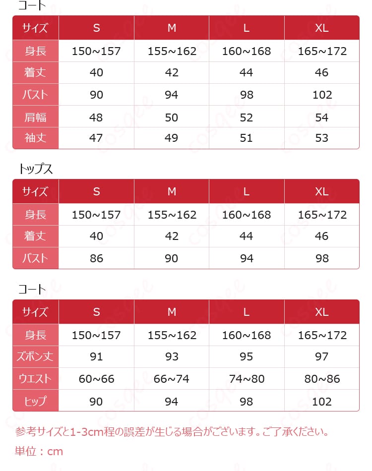 サイズと寸法の対応表、あんスタホットリミット衣装のサイズガイド