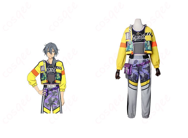 商品正面とキャラクター人物の合わせたコスプレ衣装、あんスタの椎名ニキ・天城燐音・HiMERU・桜河こはくのホットリミット衣装