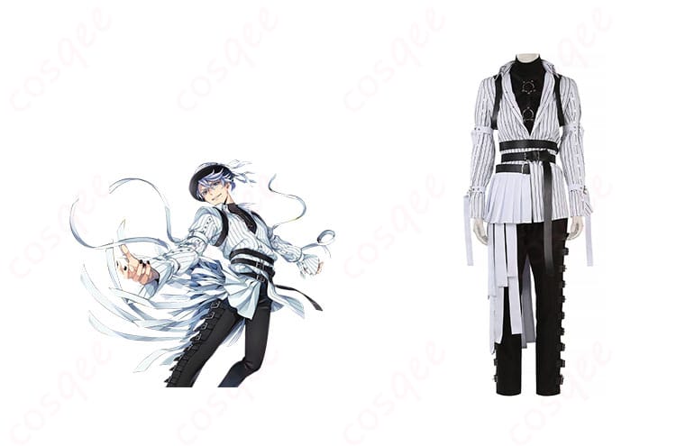 商品正面とキャラクター(アズール・アーシェングロット、フロイド・リーチ、ジェイド・リーチ)を組み合わせたコスプレ衣装の画像。ツイステ コスプレ衣装