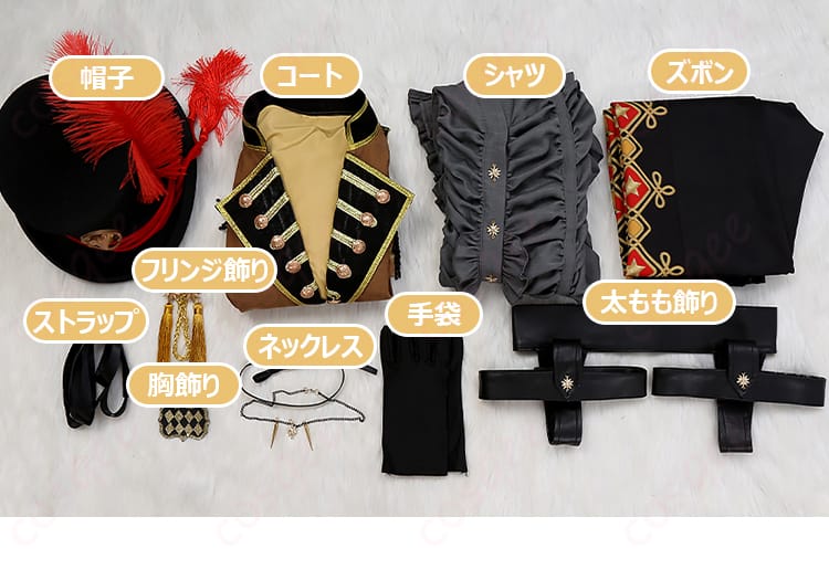 ディズニー ツイステッドワンダーランド レオナ・キングスカラー コスプレ衣装 セット内容全体図。すべてのアイテムが確認できる。