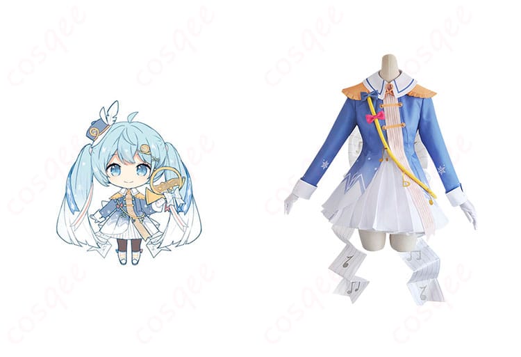 雪ミク 初音ミク コスプレ衣装 正面図 キャラクターと一緒に撮影した衣装の詳細。