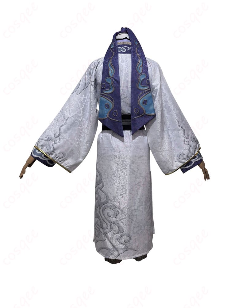 白無常(謝必安)のコスプレ衣装の背面写真。背面のデザインやディテールがよく分かる画像です。コスプレ衣装の後ろ姿をしっかり確認。