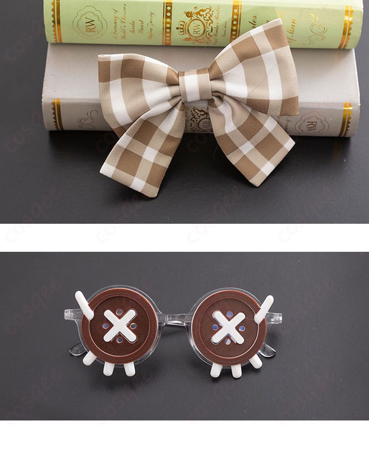 眼鏡と蝶結びの髪飾りの詳細。秋の遠足コスプレ衣装にピッタリのアクセサリー