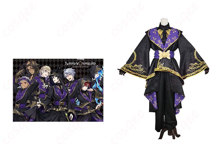ツイステ コスプレ衣装 正面とキャラクターの姿が融合した画像。全員式典服の華やかなデザイン。