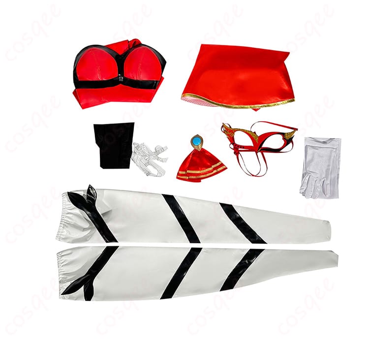 コスプレ衣装のセット内容を紹介する画像。レオタード、マント、手袋などが並べられています。