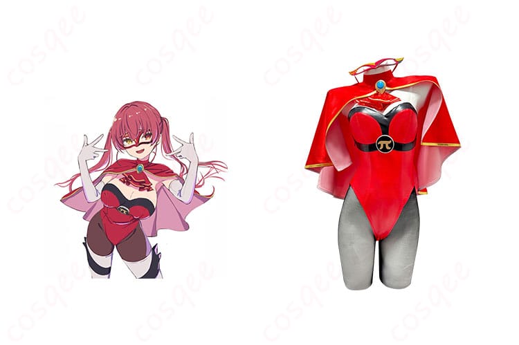 商品正面と宝鐘マリンキャラクターが一緒に写っているコスプレ衣装の画像。ホロライブ コスプレ衣装の高い再現度を確認できます。