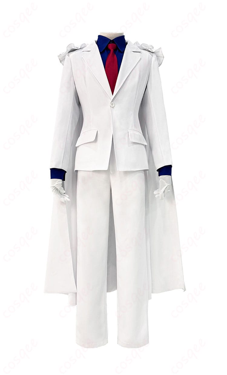 商品正面図。名探偵コナン怪盗キッドのコスプレ衣装、マント、コート、シャツ、ズボンが一目でわかる正面画像。