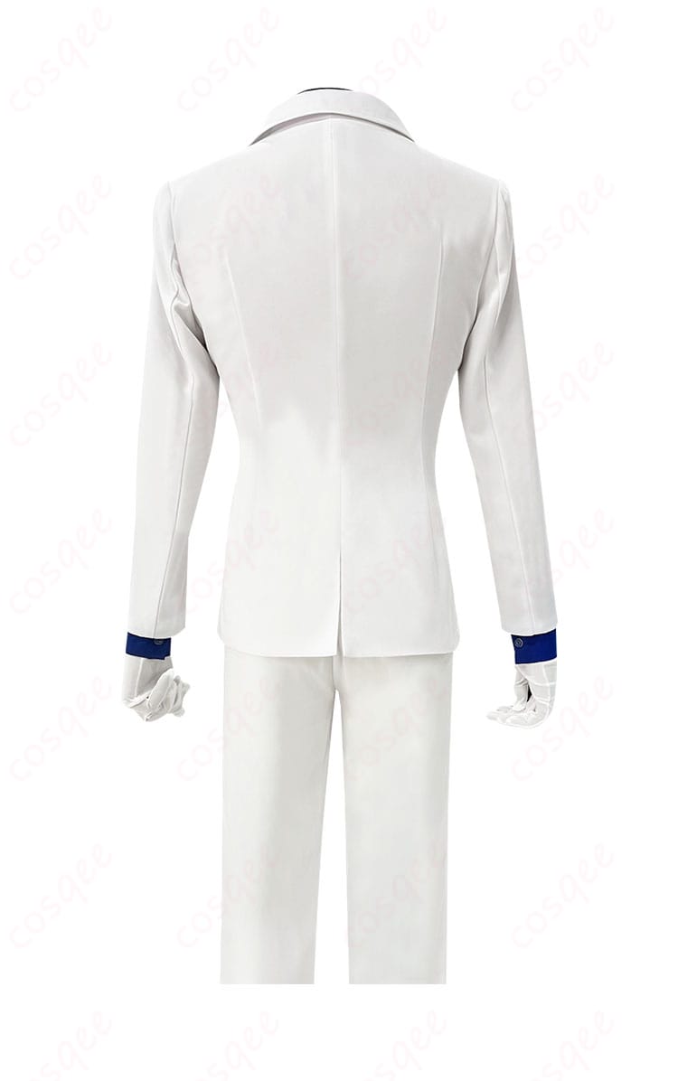 服装背面装飾細部。背面のコートとマントのディテール、怪盗キッド(黒羽快斗)コスプレ衣装の高い再現度を示す画像。