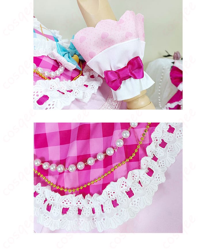 アイカツスターズ! 虹野ゆめ コスプレ衣装 ドレス 腕飾りとスカートの装飾細部。アクセサリーと衣装の調和。