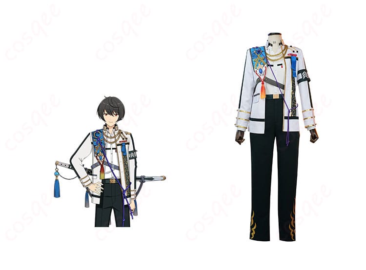 あんさんぶるスターズ!! 朔間凛月 コスプレ衣装 チャンバラナイト衣装 キャラクターと一緒に着用した正面図。高再現度で魅力的なデザイン。