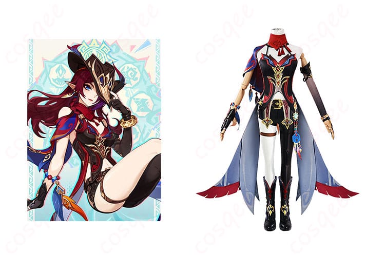 原神 チャスカ コスプレ衣装の正面とキャラクターの組み合わせ。