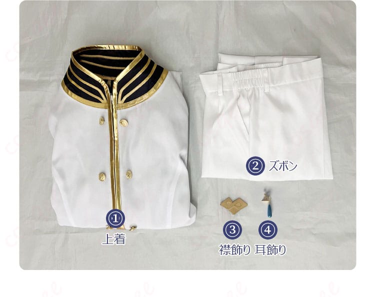 コスプレ衣装のセット内容を全て展示した画像。すべての付属品が揃っています。