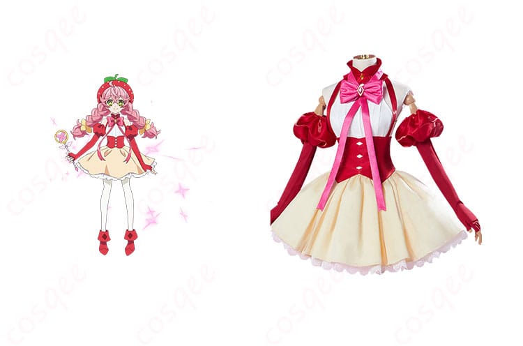 商品正面とキャラクター(ベリーブロッサム)を組み合わせたコスプレ衣装の画像。アクロトリップの魅力的なデザインを忠実に再現。