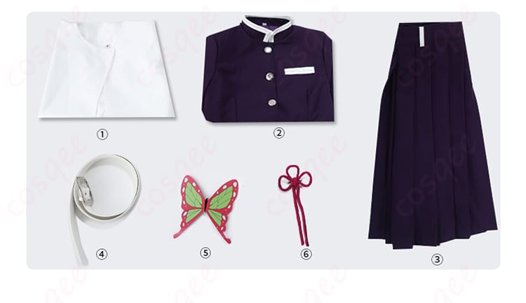 「鬼滅の刃 栗花落カナヲ コスプレ衣装」セット内容を紹介する写真。マント、上着、スカートなど、全アイテムが一目で分かります。