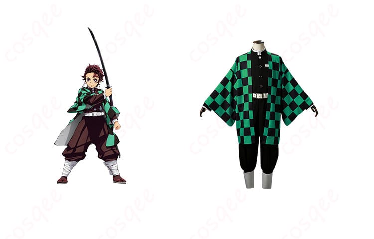 鬼滅の刃 竈門炭治郎 コスプレ衣装 正面とキャラクター画像。忠実再現されたデザインで、コスプレイベントにぴったり。