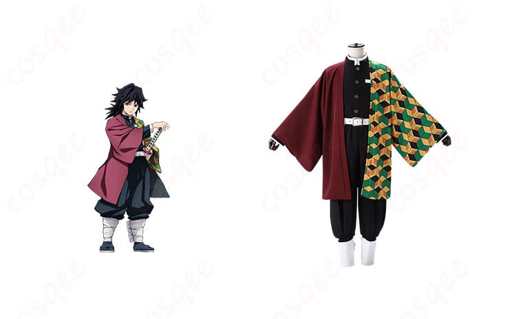 冨岡義勇のコスプレ衣装とキャラクターが一緒に写った写真。高い再現度で鬼滅の刃の世界を再現。