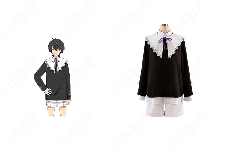 商品正面とキャラクター朔間凛月の私服(幼少期)コスプレ衣装を一緒に写した画像。高い再現度とオーダメイド可能なコスプレ衣装。