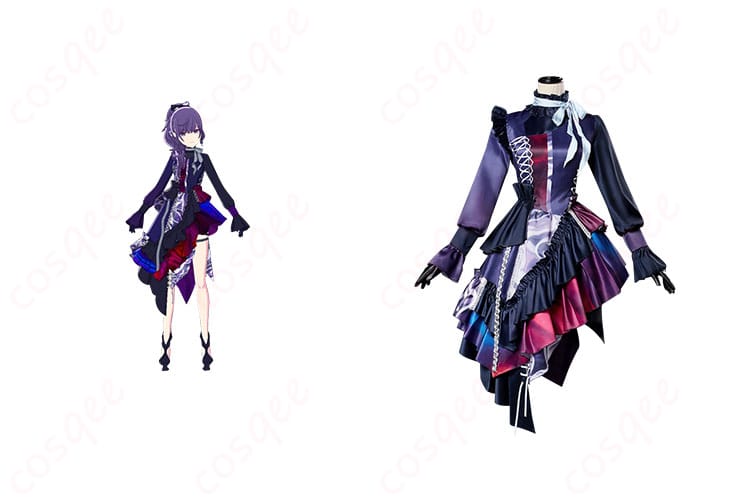 商品正面とキャラクター朝比奈まふゆのコスプレ衣装の組み合わせ。高い再現度と魅力的なデザイン。