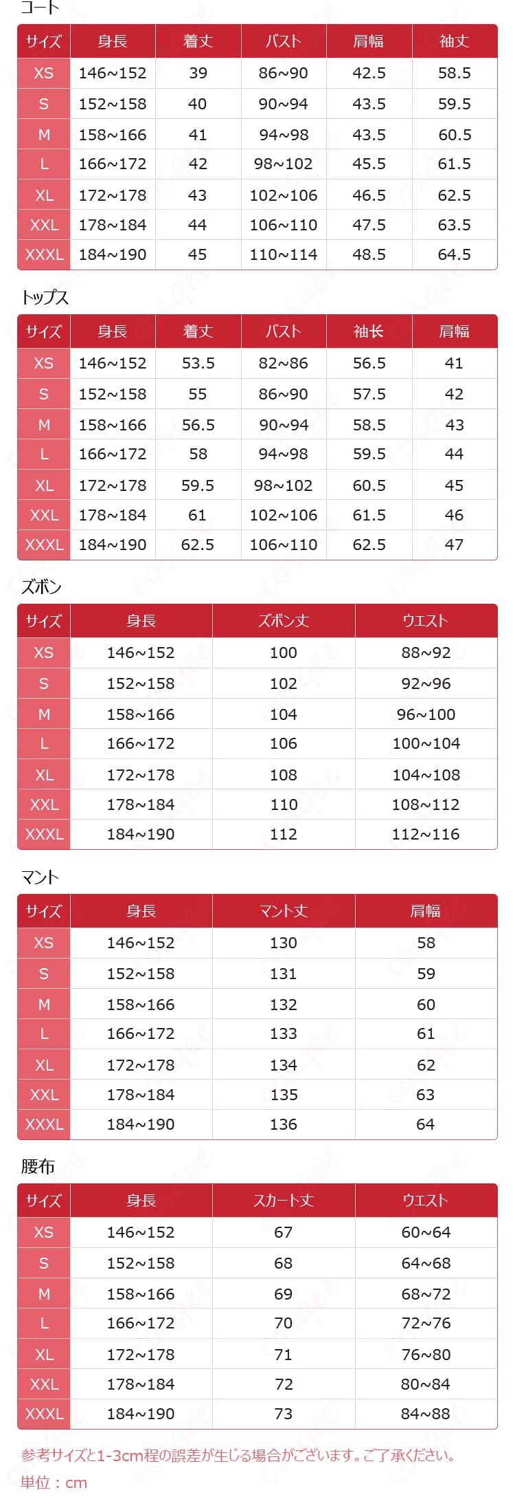 カピターノ コスプレ衣装のサイズ対応表。XSからXXXLまでのサイズ情報が含まれています。
