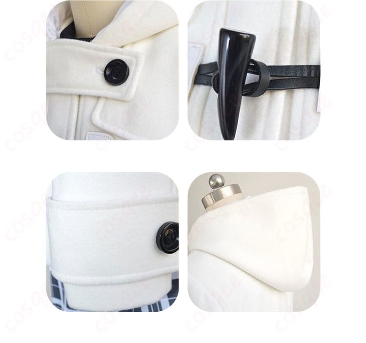 服の領口、門襟の系紐、衣帽、袖口の装飾細部。FGO マシュ・キリエライト コスプレ衣装のデザイン詳細。