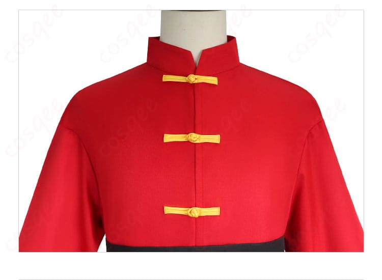 らんま1/2 早乙女乱馬 チャイナ服 コスプレ衣装の門襟装飾の詳細。精巧な刺繍が特徴。