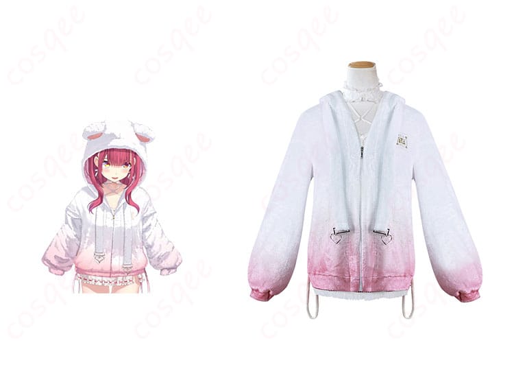 商品正面とキャラクターの組み合わせ画像。宝鐘マリン コスプレ衣装の全体像。