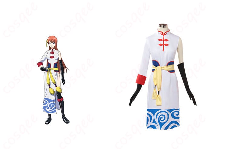 劇場版銀魂 完結編 神楽(5年後)コスプレ衣装の正面とキャラクターの結合画像。忠実再現の衣装で、銀魂ファン必見。