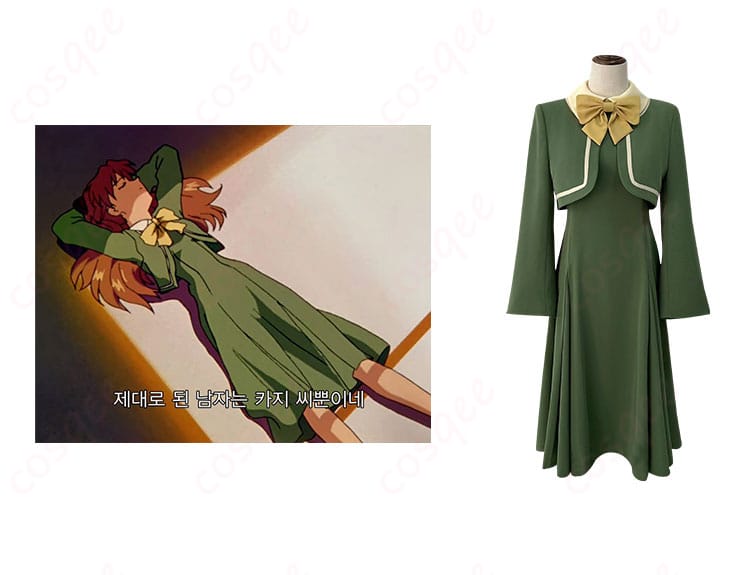 「新世紀エヴァンゲリオン 惣流・アスカ・ラングレー コスプレ衣装 3点セット 正面とキャラクターのイメージ。忠実に再現されたコスプレ衣装で、アスカの魅力を表現!」